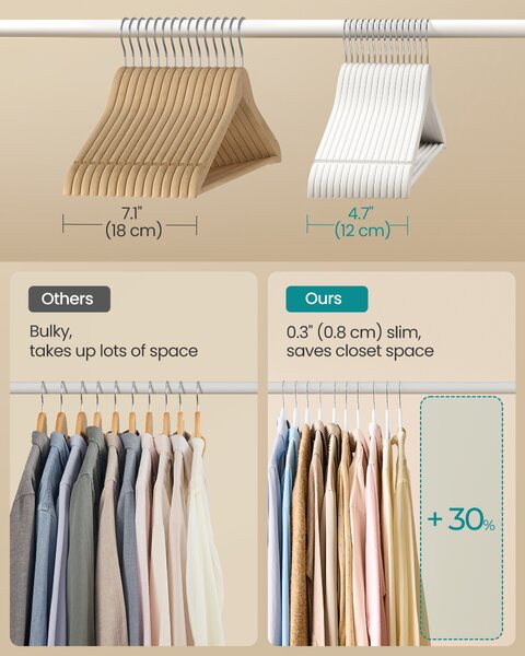 SONGMICS Dřevěná ramínka 30 ks, otočná 43 cm bílá
