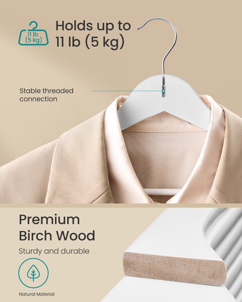 SONGMICS Dřevěná ramínka 30 ks, otočná 43 cm bílá