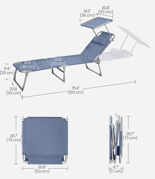 SONGMICS Zahradní lehátko se sluneční clonou a polohovacím opěradlem 193 x 53 x 29 cm nosnost 150 kg modrá