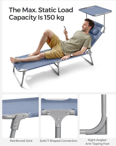 SONGMICS Zahradní lehátko se sluneční clonou a polohovacím opěradlem 193 x 53 x 29 cm nosnost 150 kg modrá