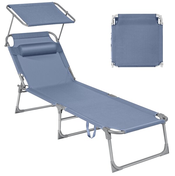 SONGMICS Zahradní lehátko se sluneční clonou a polohovacím opěradlem 193 x 53 x 29 cm nosnost 150 kg modrá