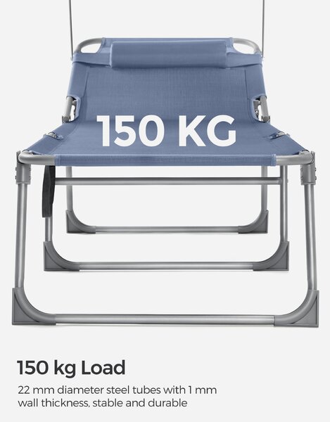 SONGMICS Zahradní lehátko se sluneční clonou a polohovacím opěradlem 193 x 53 x 29 cm nosnost 150 kg modrá