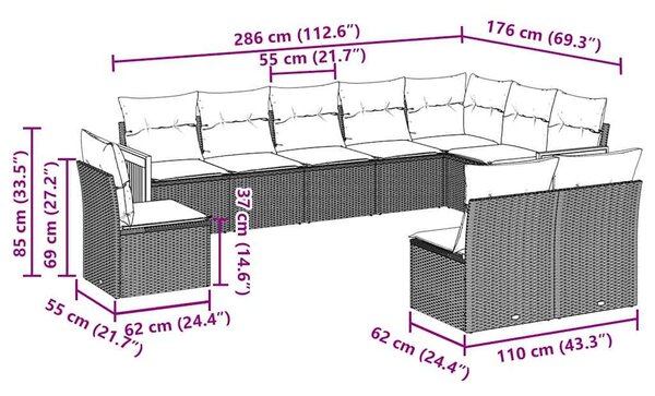 10dílná zahradní sedací souprava s poduškami černá polyratan