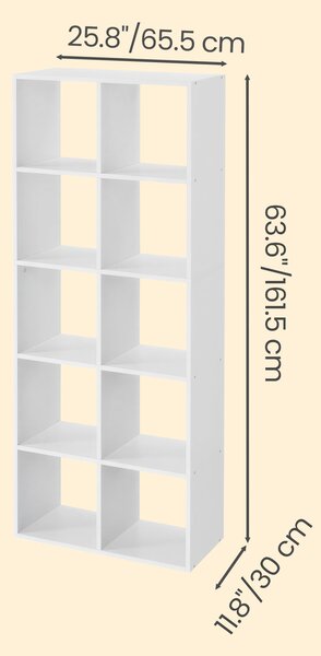 VASAGLE Knihovna s 10 kostkami skandinávský styl 66 x 162 x 30 cm bílá