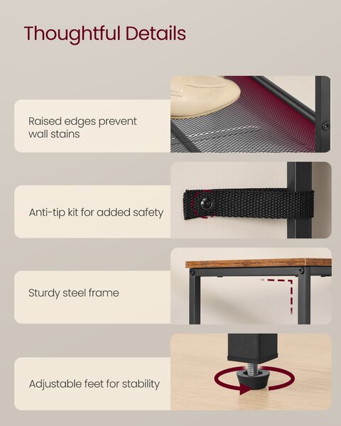 VASAGLE Botník 6 síťovaných polic industriální 75 x 114 x 28 cm hnědý černý