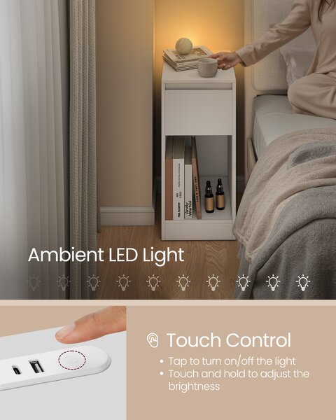 VASAGLE Úzký noční stolek s LED osvětlením a USB zásuvkou 25 x 60 x 30 cm bílá