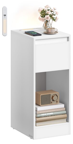 VASAGLE Úzký noční stolek s LED osvětlením a USB zásuvkou 25 x 60 x 30 cm bílá