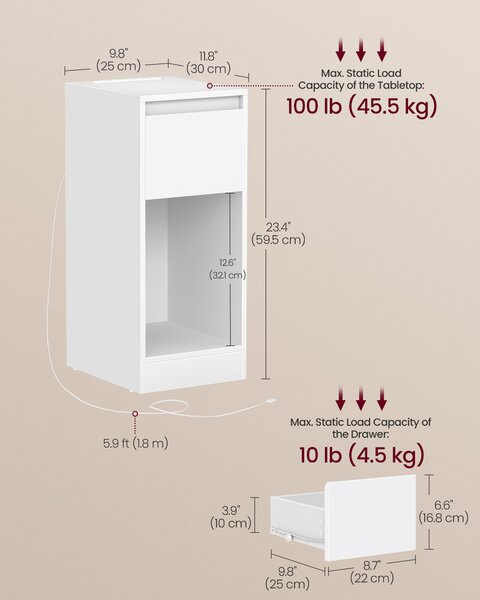 VASAGLE Úzký noční stolek s LED osvětlením a USB zásuvkou 25 x 60 x 30 cm bílá
