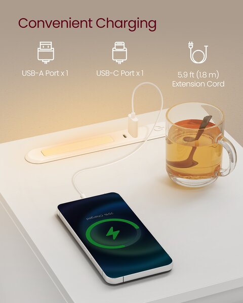 VASAGLE Úzký noční stolek s LED osvětlením a USB zásuvkou 25 x 60 x 30 cm bílá