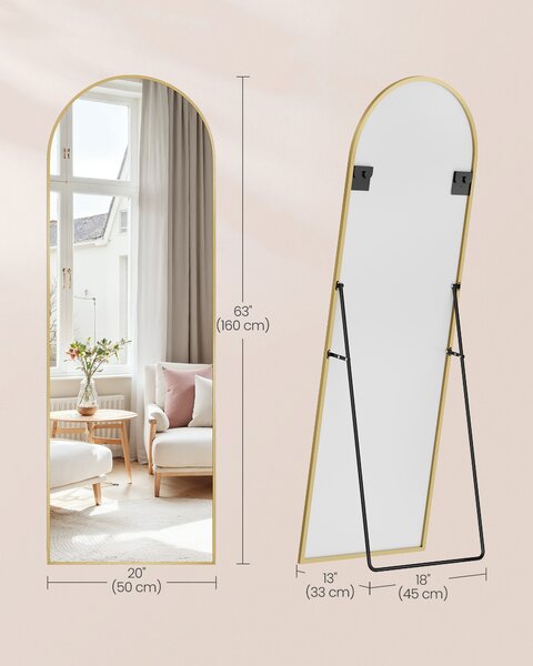 SONGMICS Stojací zrcadlo se zlatým rámem oblouk tvrzené sklo 160 x 50 cm zlatá