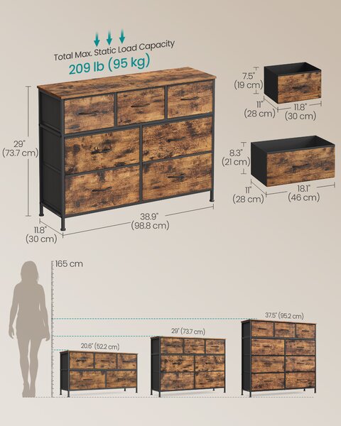 SONGMICS Komoda 7 látkových zásuvek 99 x 74 x 30 cm hnědá černá