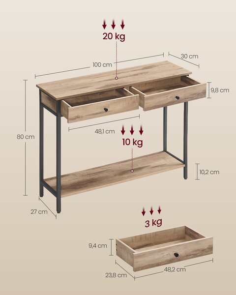 VASAGLE Konzolový stolek se dvěma zásuvkami industriální 100 x 80 x 27 cm světle hnědá černá