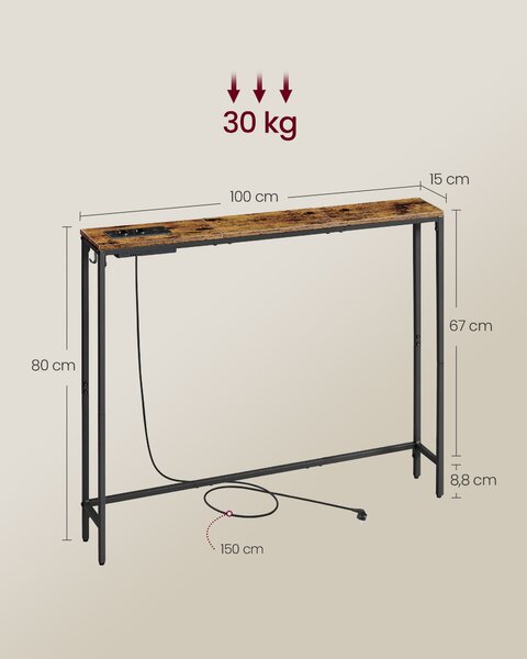 VASAGLE Konzolový stolek se zásuvkovou lištou industriální 100 x 80 x 15 cm hnědá černá