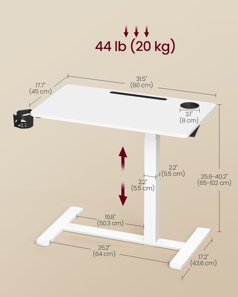 VASAGLE Odkládací pojízdný stolek s natavitelnou výškou 80 x 65-102 x 45 cm bílá