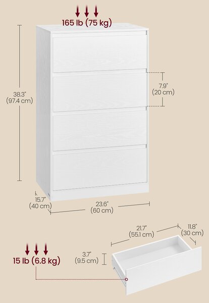 VASAGLE Komoda KAILYN 4 zásuvky 60 x 97 x 40 cm bílá