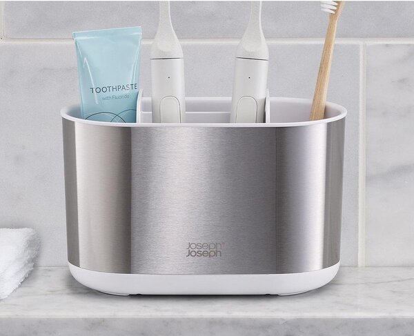 Stojan na zubní kartáčky z nerezové oceli ve stříbrné barvě Duo Steel – Joseph Joseph