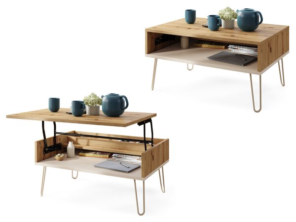 Mazzoni HAIRPIN S-90 Dub Artisan/Béžový (Šampaňský) - MODERNÍ KÁVOVÝ STOLEK SE ZVEDATELNOU DESKOU + ÚLOŽNÝM PROSTOREM + POLICÍ