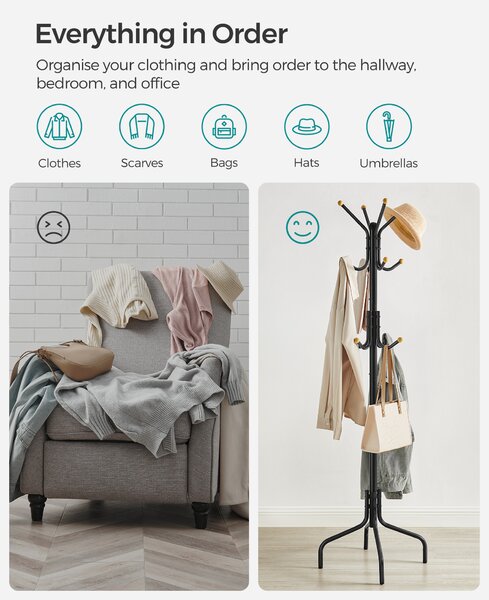 SONGMICS Kovový věšák na kabáty s 12 háčků 180 cm černá