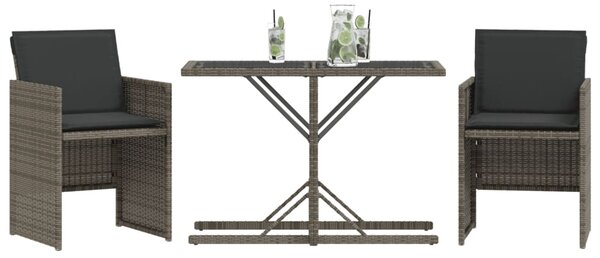3dílný bistro set s poduškami šedý polyratan