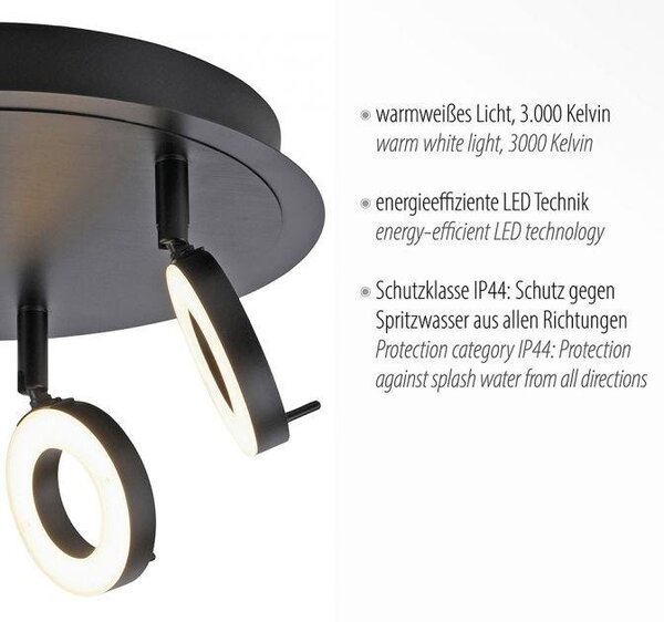 PN 6788-13 SILEDA LED stropní bodové svítidlo antracit, kruhové, 3 ramenné, otočné, ochrana proti vodě 3000K - PAUL NEUHAUS