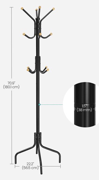 SONGMICS Kovový věšák na kabáty s 12 háčků 180 cm černá