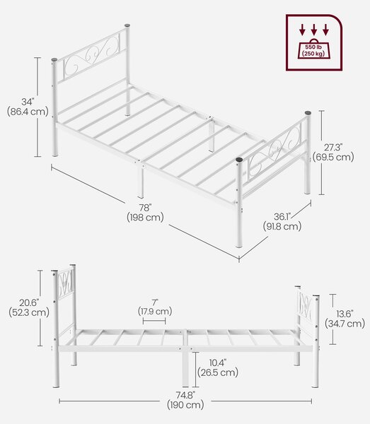 VASAGLE Kovový rám postele LOFT 90 x 190 bílá
