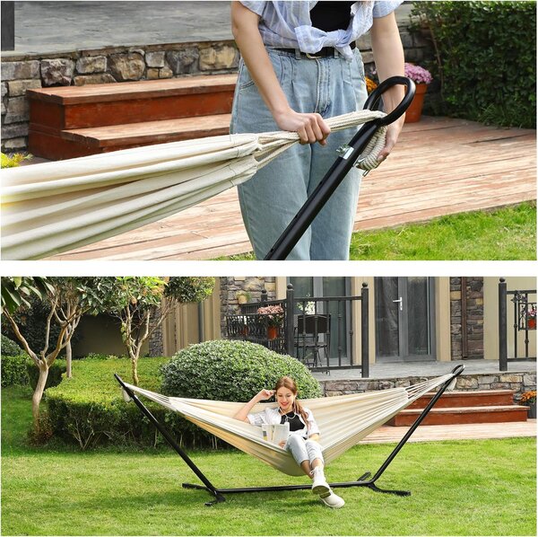 SONGMICS Houpací síť s kovovým rámem nosnost 240 kg 210 x 150 cm béžová