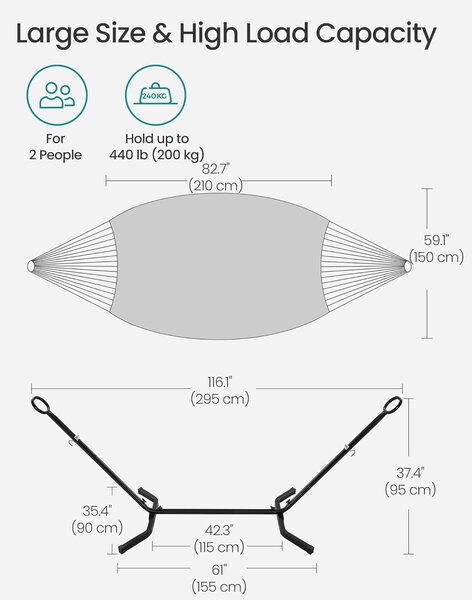 SONGMICS Houpací síť s kovovým rámem nosnost 240 kg 210 x 150 cm šedá