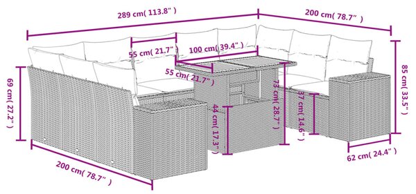 10dílná zahradní sedací souprava s poduškami černá polyratan 3272778
