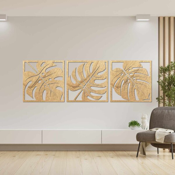 SENTOP | Dřevěný obraz Monstera – 3-dílná dekorace na zeď | SENTOP PR0536