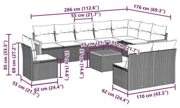 11dílná zahradní sedací souprava s poduškami černá polyratan