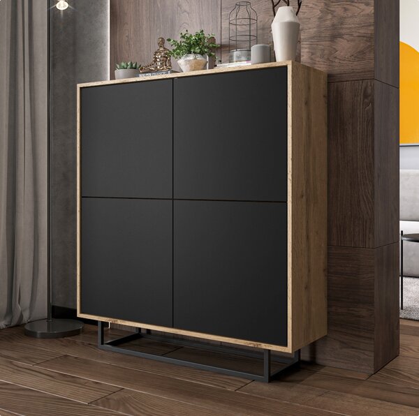 Komoda RTV ve stylu loft Dub Wotan Apollo 4D - Moderní - Nábytek Lindner - 113 cm x 35 cm x 127 cm, Barva: dub Wotan matný - erná matná