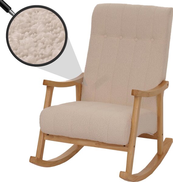 Houpací křeslo HWC-K10, polohovatelné, dřevo látka/textil bouclé (450g/m²) béová, pírodní rám