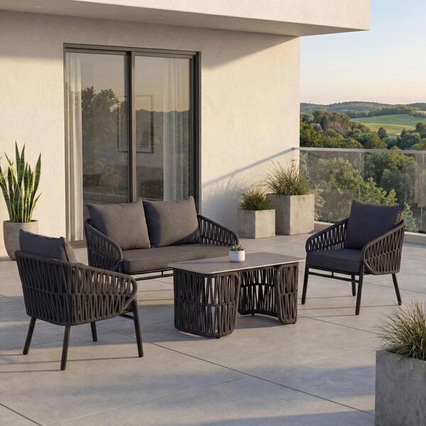Zahradní souprava HWC-P90, lounge set zahradní lounge pohovka křeslo stl, provazové pletivo Rope látka/textil (180 g/m²) antracitová