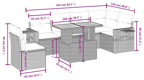 7dílná zahradní sedací souprava s poduškami černá polyratan 3271776