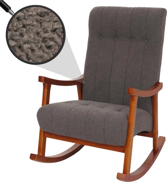 Houpací křeslo HWC-K10, polohovatelné, dřevo látka/textil bouclé (450 g/m²) tmav edá, rám ve vzhledu oechu
