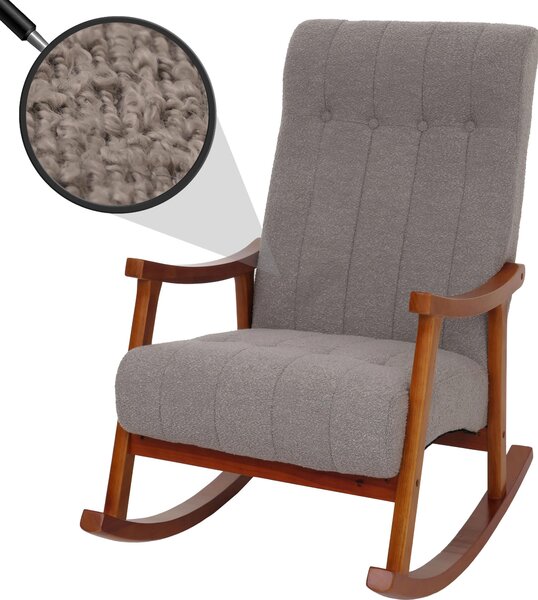 Houpací křeslo HWC-K10, polohovatelné, dřevo látka/textil bouclé (450g/m²) edá, rám ve vzhledu oechu