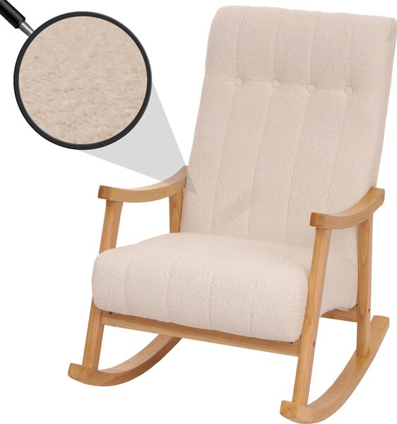 Houpací křeslo HWC-K10, polohovatelné, dřevo látka/textil bouclé (450g/m²) krémová, pírodní rám