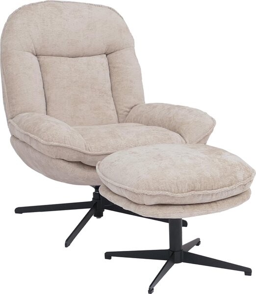 Relaxaní křeslo s taburetem HWC-P32, TV křeslo se závsem Nosag, otoné kovové látka/textilní inylka (370 g/m²) krémová