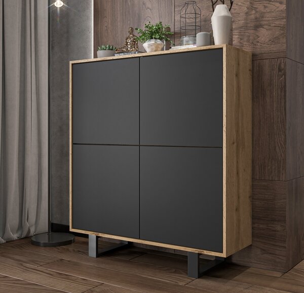 Komoda RTV ve stylu loft Dub Wotan Apollo 4D - Moderní - Nábytek Lindner - 113 cm , dva erné kovové rámy , Barva: dub Wotan matný - erná matná