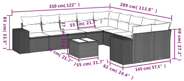 11dílný zahradní sedací souprava s poduškami béžový polyratan 3255456
