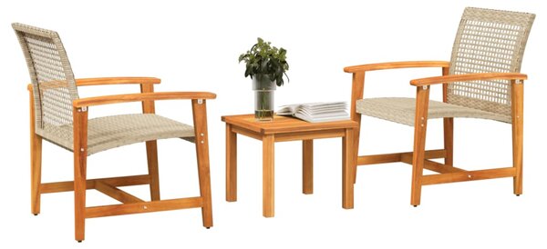 3dílný bistro set béžový polyratan a akáciové dřevo