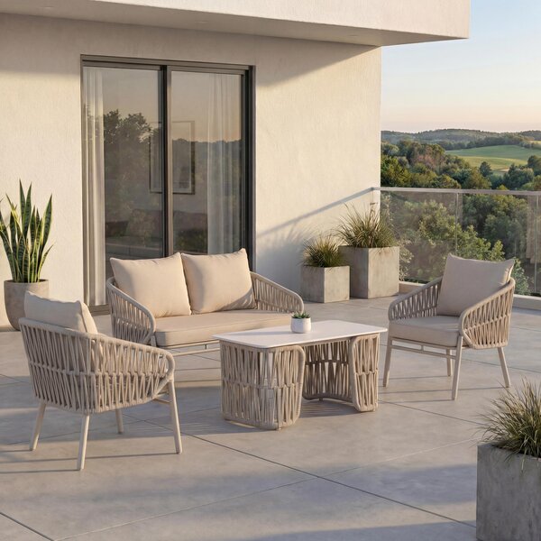 Zahradní souprava HWC-P90, lounge set zahradní lounge pohovka křeslo stl, provazové pletivo Rope látka/textil (180 g/m²) krémová
