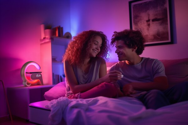 LED relaxační lampička Immax FLAMINGO s QI nabíjením, budík, RGB, USB výstup,BT, zlatá