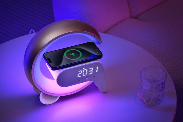 LED relaxační lampička Immax FLAMINGO s QI nabíjením, budík, RGB, USB výstup,BT, zlatá