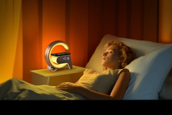 LED relaxační lampička Immax FLAMINGO s QI nabíjením, budík, RGB, USB výstup,BT, zlatá