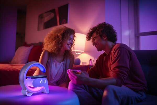 LED relaxační lampička Immax FLAMINGO s QI nabíjením, budík, RGB, USB výstup,BT, zlatá