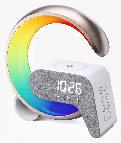 LED relaxační lampička Immax FLAMINGO s QI nabíjením, budík, RGB, USB výstup,BT, zlatá