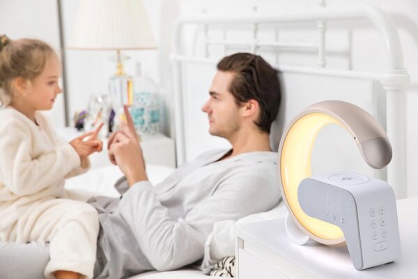 LED relaxační lampička Immax FLAMINGO s QI nabíjením, budík, RGB, USB výstup,BT, zlatá