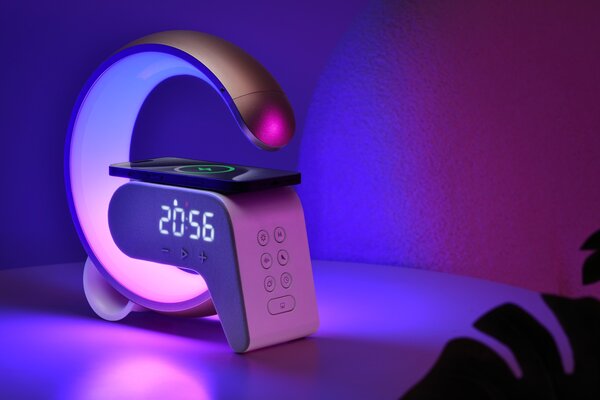 LED relaxační lampička Immax FLAMINGO s QI nabíjením, budík, RGB, USB výstup,BT, zlatá